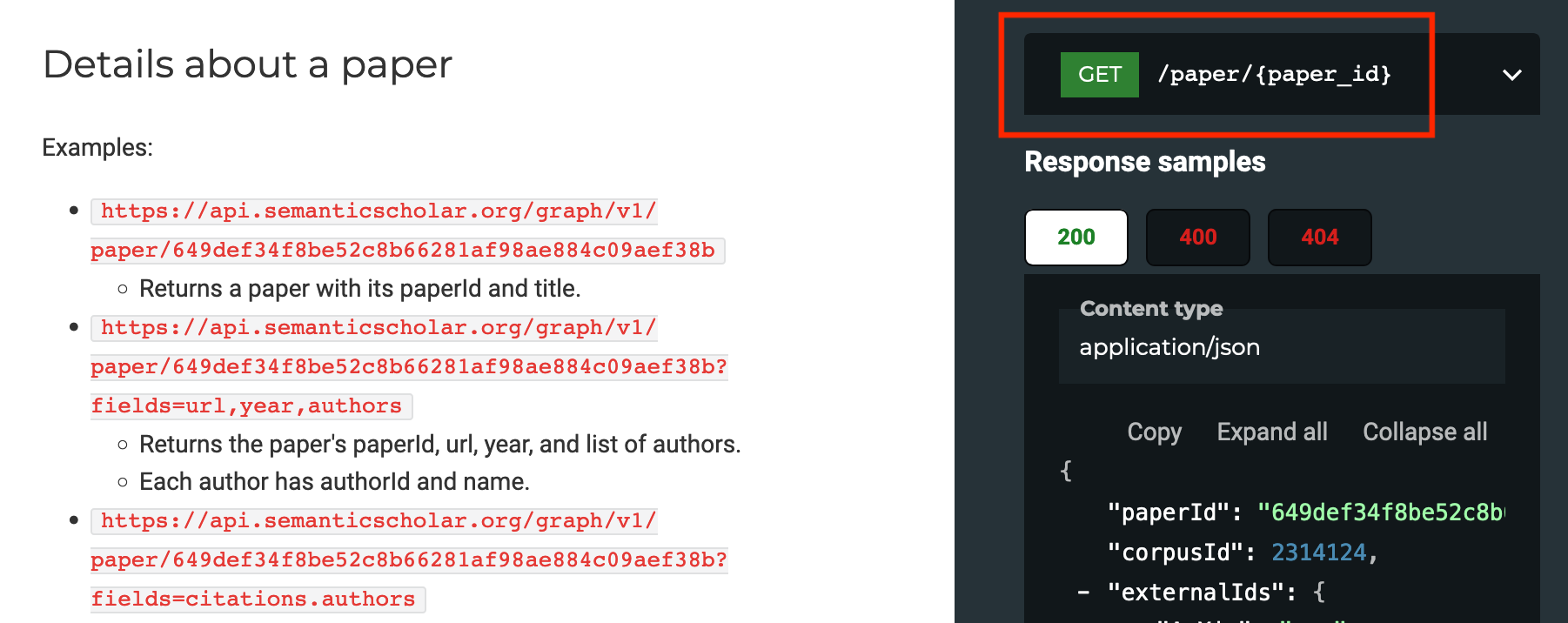 a diagram displaying the base url [https://api.semanticscholar.org/graph/v1/] and resource path [/paper/search]